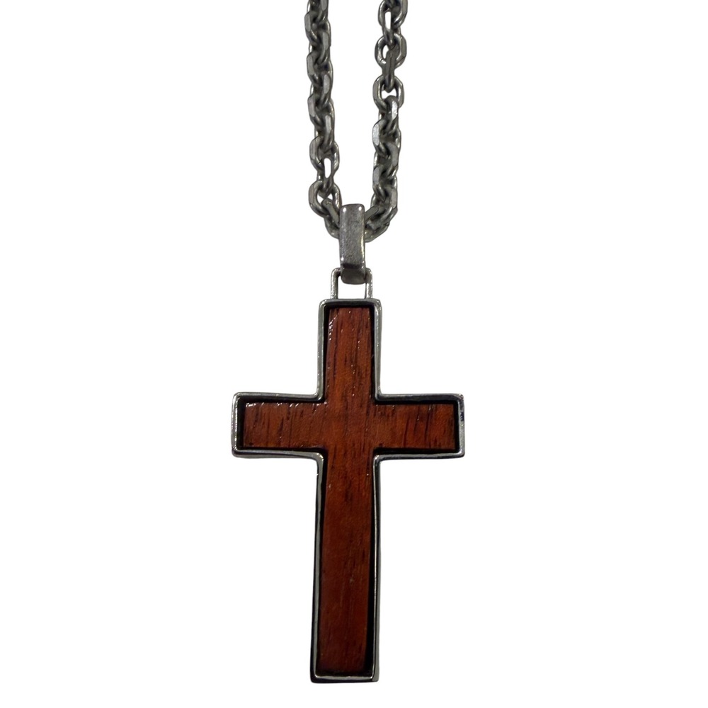 Martin & MacArthur Koa Wood Cross Pendant Necklace Rhodium Plated Hawaii Large